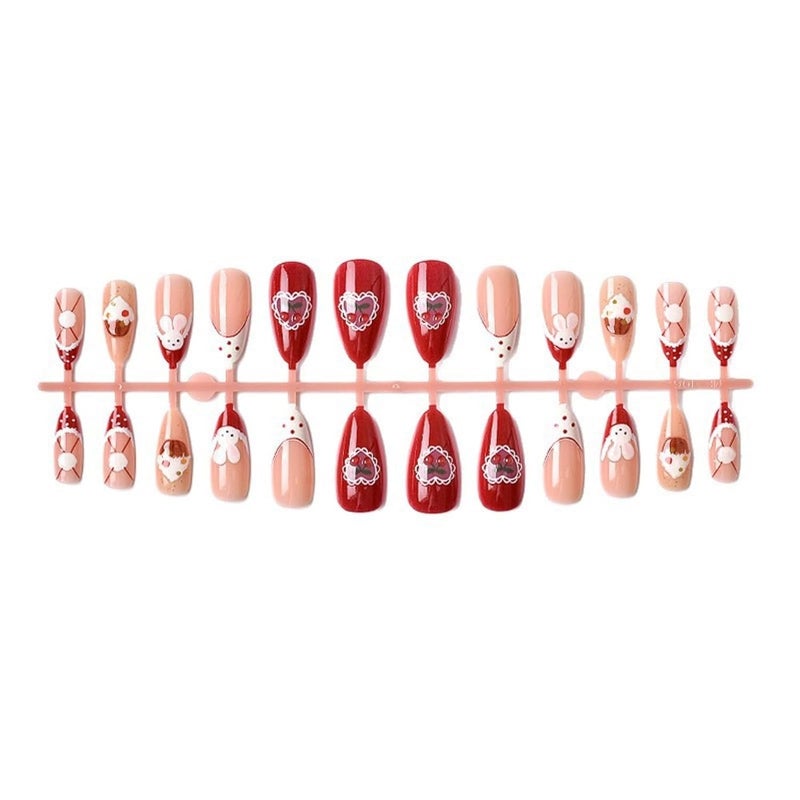 SEENEEY Christmas Almond Press on Nails Medium Fake Nails Red Artificial Nail Cherry Designs Cute Stick on Nail for Women 24pcs - Image 3
